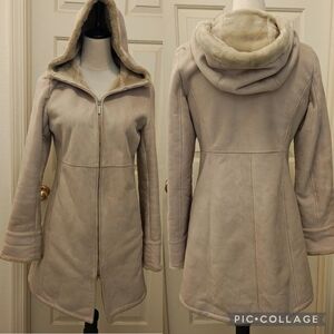 Talbots Petites Penny Lane Suede Shearling Hooded Coat.